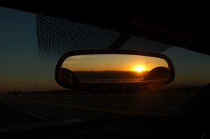 Sunset in the rear view mirror.